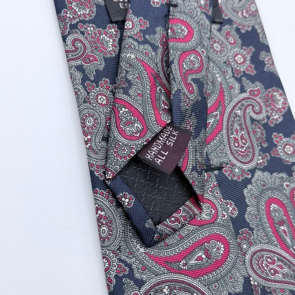 Cromley & Finch London Handmade All Silk Paisley Tie Navy‎ Blue Burgundy 4 Inch